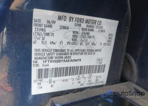 2010 Ford F-250 Cabela's/King Ranch/Lariat/Xl/Xlt from USA, damaged, VIN 1FTSW2BY5AEA09478